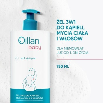 Zestaw 2 x Oillan Baby, żel do kąpieli, mycia ciała i włosów 3w1, 750 ml