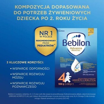Zestaw Bebilon Advance Pronutra 4, Junior, formuła na bazie mleka po 2. roku życia, proszek, 1000 g + Bebilon Junior, gotowa do picia wzbogacona formuła na bazie mleka, od 2. do 6. roku życia, 200 ml