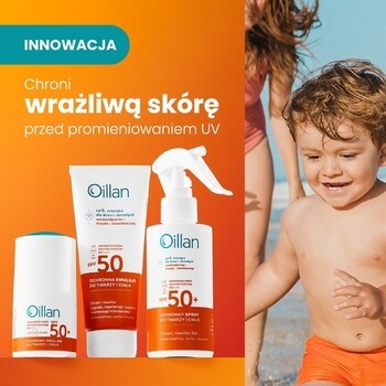 Zestaw Oillan, żel do mycia ciała i włosów 3 w 1 dla dzieci, 100 ml + ochronny roll-on przeciwsłoneczny do twarzy i ciała SPF50, 50 ml