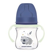 Canpol Babies Easy Start, Sleepy Koala, butelka szeroka antykolkowa ze świecącymi uchwytami, niebieska, 120 ml, 1 szt.