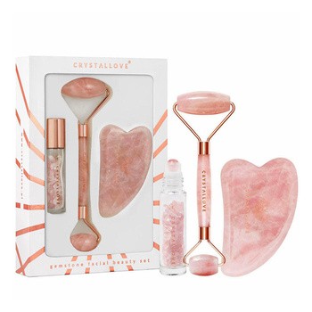 Zestaw Crystallove Rose Quartz, roller do twarzy + płytka gua sha + buteleczka roll-on, 1 szt.
