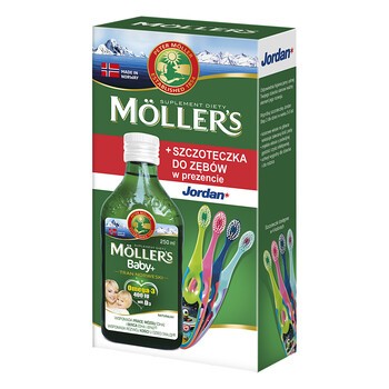 Moller`s Baby Tran Norweski, aromat naturalny, 250ml + Jordan, szczoteczka do zębów 3-5 lat GRATIS