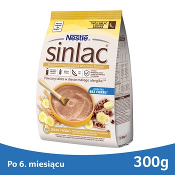 Nestle Sinlac, bezgluteowy prodrodukt zbożowy bez dodatku cukru, po 6. miesiącu, banan, 300 g