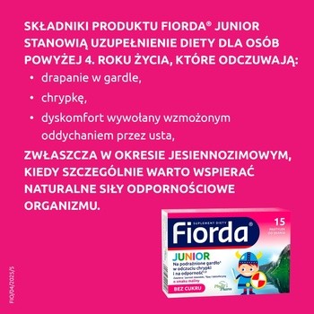 Fiorda Junior, pastylki do ssania o smaku malinowym, 15 szt.