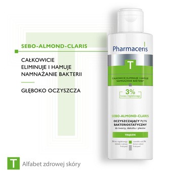 Pharmaceris T Sebo-Almond-Claris, oczyszczający płyn bakteriostatyczny, 3% kwasu migdałowego, 190 ml