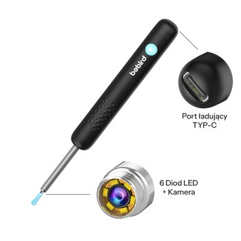 Bebird R1+, Otoskop z kamerą do czyszczenia uszu 1080p, 180 mAh, czarny, 1 szt.