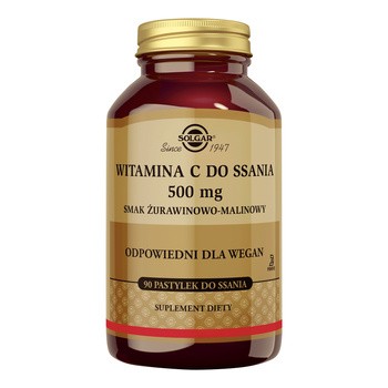 Solgar Witamina C do ssania 500 mg, pastylki do ssania, smak żurawinowo-malinowy, 90 szt.