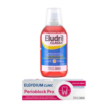 Zestaw Eludril Classic, płyn do płukania jamy ustnej, 500 ml + Elgydium Clinic Perioblock Pro, pasta do zębów, 50 ml