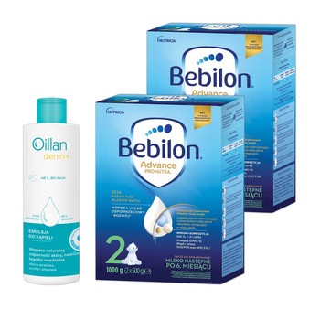 Zestaw 2x Bebilon 2 Advance Pronutra, mleko następne po 6. miesiącu, 1000 g + Oillan Derm+, emulsja do kąpieli, 200 ml