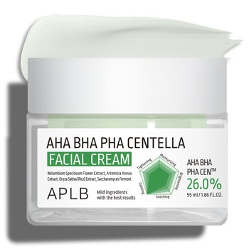 APLB AHA BHA PHA Centella Facial Cream, krem złuszczająco-kojący do twarzy z kwasami i wąkrotą azjatycką, 55 ml