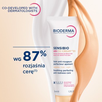 Bioderma Sensibio AR+ CC SPF 50+, ochronny krem kojący i redukujący zaczerwienienia, odcień jasny, 40 ml