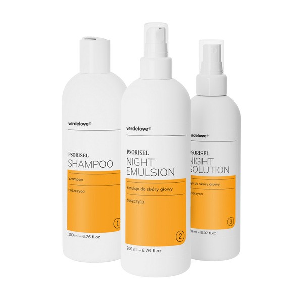 Verdelove Set Promocyjny Psorisel, Shampoo, 200 ml + Emulsion für die Nacht, 200 ml + Lotion für die Kopfhaut, 150 ml