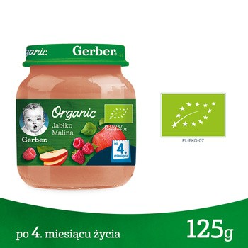 Zestaw 4x Gerber Organic, deser jabłko, malina, 4 m+