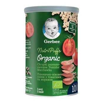 Gerber Organic, chrupki pszenno-owsiane pomidor, marchewka, 10 m+, 35 g