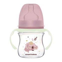 Canpol Babies Easy Start, Sleepy Koala, butelka szeroka antykolkowa ze świecącymi uchwytami, różowa, 120 ml, 1 szt.