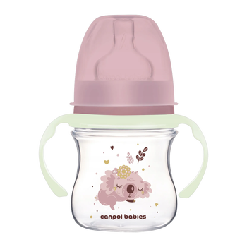 Canpol Babies Easy Start, Sleepy Koala, butelka szeroka antykolkowa ze świecącymi uchwytami, różowa, 120 ml, 1 szt.