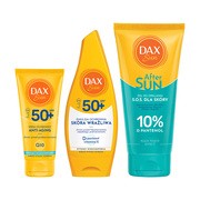 Zestaw DAX Sun, krem ochronny do twarzy anti-aging SPF 50+, 50 ml + żel po opalaniu S.O.S., 200 ml + emulsja ochronna dla skóry wrażliwej, SPF 50+, 160 ml https://azcdn.doz.pl/image/d/product/7364a8af-scale-180x180.png