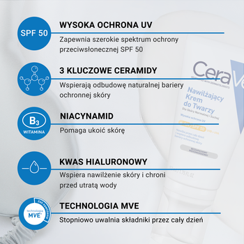 CeraVe, nawilżający krem do twarzy SPF 50, 52 ml