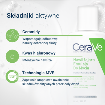 CeraVe, nawilżająca emulsja do mycia dla skóry normalnej i suchej, 88 ml