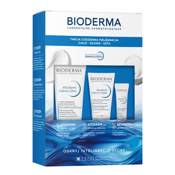 Zestaw Bioderma Atoderm, krem ultranawilżający, 40 ml + balsam do ust, 15 ml + krem do rąk i paznokci, ultraodżywczy, 50 ml