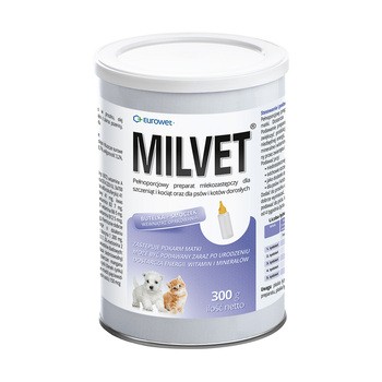 Milvet, pełnoporcjowy preparat mlekozastępczy dla szczeniąt i kociąt oraz dla psów i kotów dorosłych, proszek, 300 g