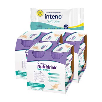 Zestaw 3 x Nutridrink Skin Repair, smak waniliowy, płyn, 4 x 200 ml + INTENO Soft Care, chusteczki pielęgnacyjne, 10 szt.