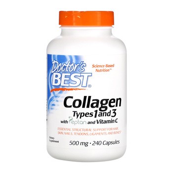 Doctor's Best, Collagen Types 1 and 3 with Peptan and Vitamin C, 500 mg, kapsułki, 240 szt.