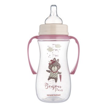 Canpol Babies Easy Start, butelka antykolkowa z uchwytami Bonjour Paris, różowa, 300 ml, 1 szt.