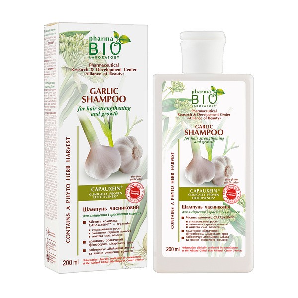 Pharma Bio Laboratory Pharma Bio Laboratory, szampon czosnkowy przeciw wypadaniu włosów z olejem z łopianu, tataraku i z szyszkami chmielu, 200 ml — Składniki i ocena