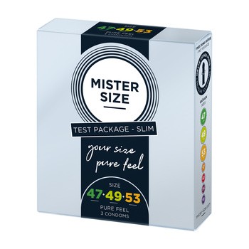Mister Size, prezerwatywy, 47 mm, 49 mm i 53 mm, pakiet próbny wąski, 3 szt.