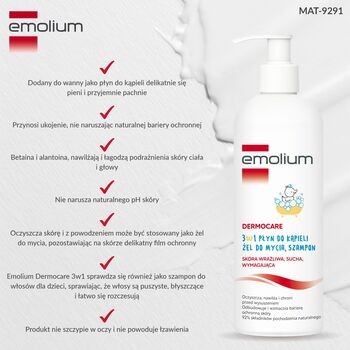 Emolium Dermocare, 3w1 płyn do kąpieli, żel do mycia, szampon, 400 ml