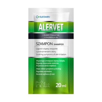 Alervet, dermoszampon łagodzący objawy związane z podrażnieniami skóry dla psów i kotów, 20 ml